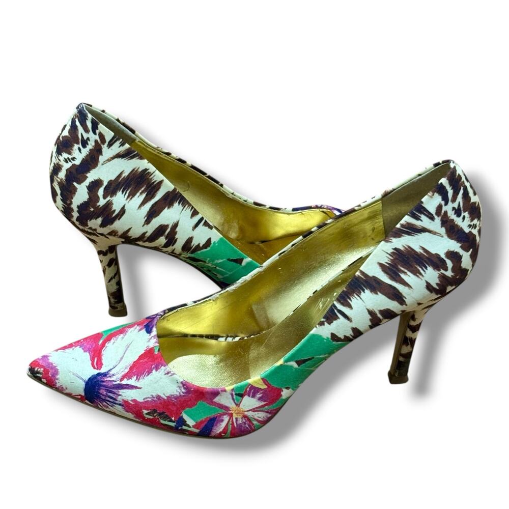 Nine West Multicolor Animal Print Floral Pumps Heels Size 6.5 Vintage 90s